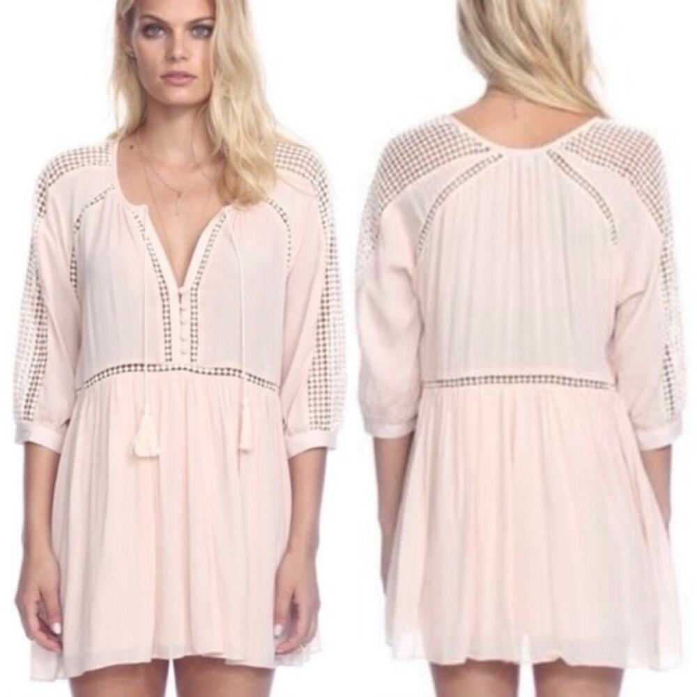 Heartloom Light Pink Helene Tie Neck 3/4 Sleeves Tunic Mini Dress Size M